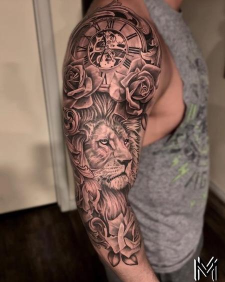 Tattoos - Matt Morrison Clock and Lion Portrait - 141704